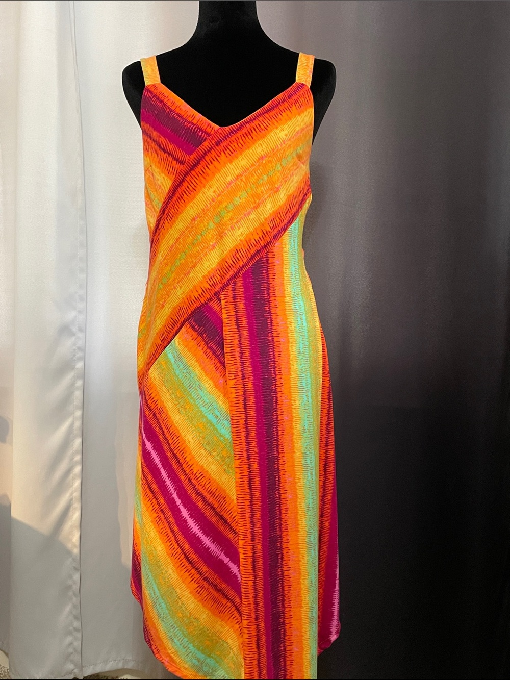 BeBop Neon Stripe Slip Midi Dress in Orange, Pink & Teal